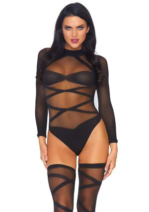 2 pc Opaque Sheer Criss Cross Bodysuit And Matching, Black - O/S