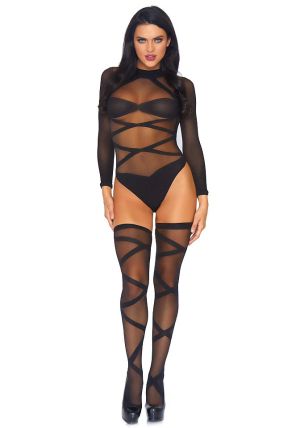 2 pc Opaque Sheer Criss Cross Bodysuit And Matching, Black - O/S