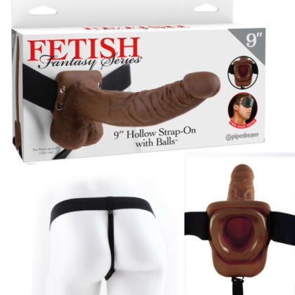 23CM HOLLOW STRAP-ON WITH BALLS  BROWN