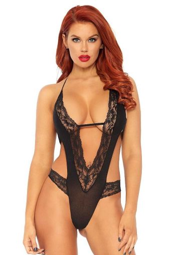 Stretch Lace Deep-V Teddy With Opaque Backless Panty - OS