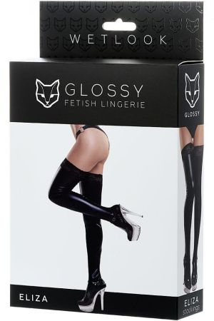 Glossy Shiny Wetlook Eliza, stockings with a lace, black - S