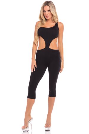 ONE SHOULDER CROPPED CATSUIT BLACK, Pink Lipstick - S/M